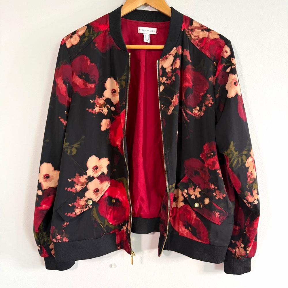 Susan Graver Romantic Red Roses Floral Bomber Jacket Full Zip Women’s Medium